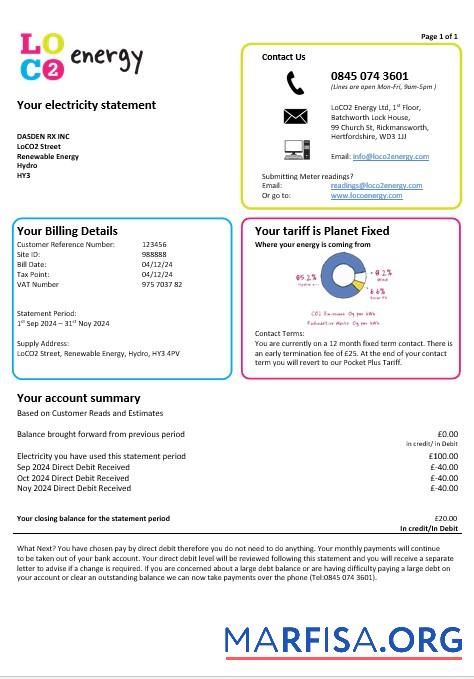 Printable United Kingdom LoCO2 Energy business utility bill template in Word and PDF formats